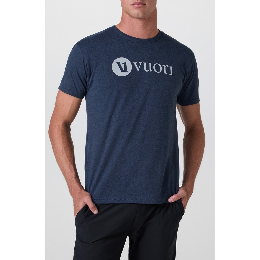 Vuori V1 Wordmark Logo Tee Mens M Navy T-Shirt Athleisure Coastal Gym Minimalist